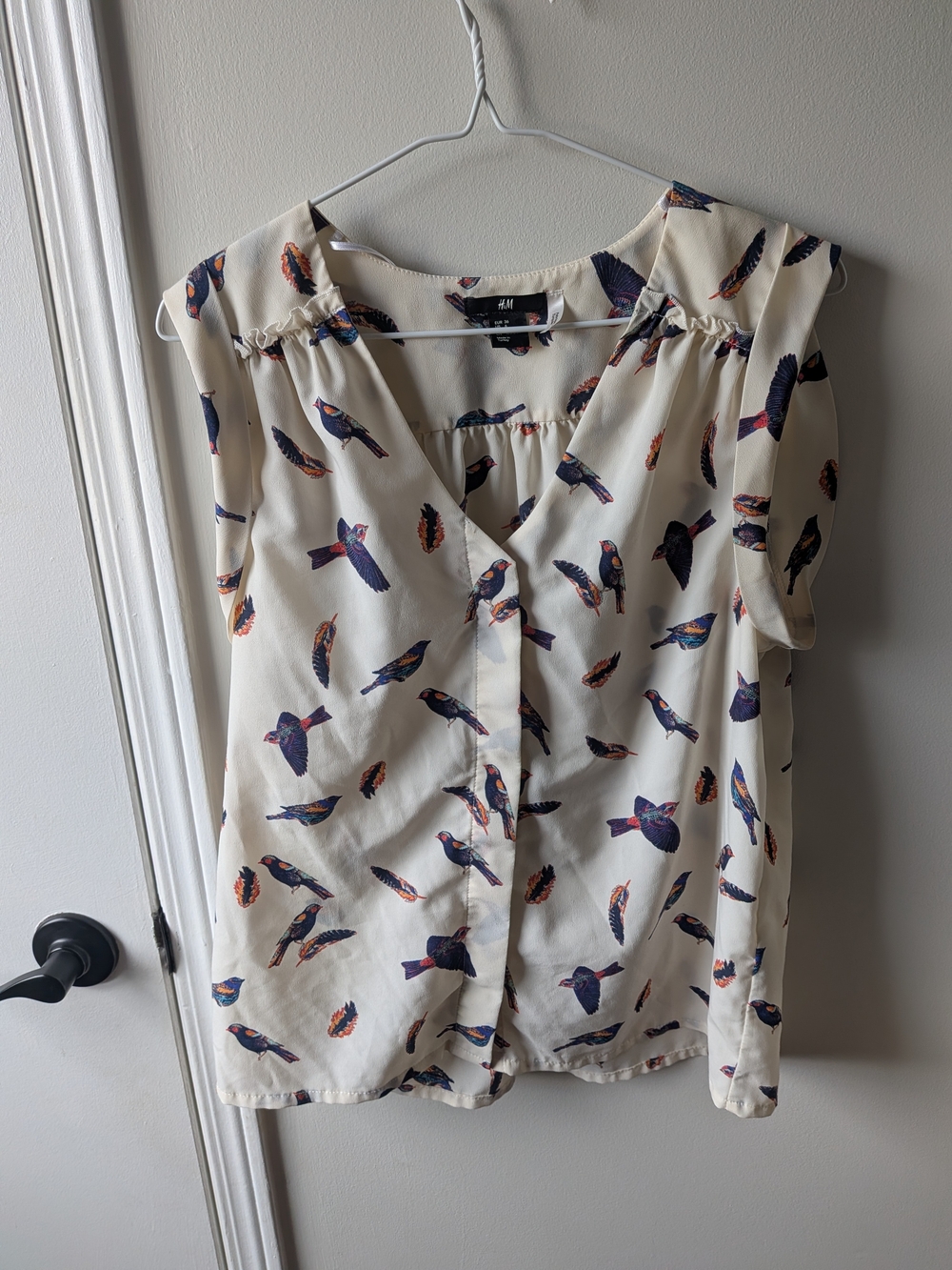 H&M Cream Blouse with Navy and Orange Bird Print